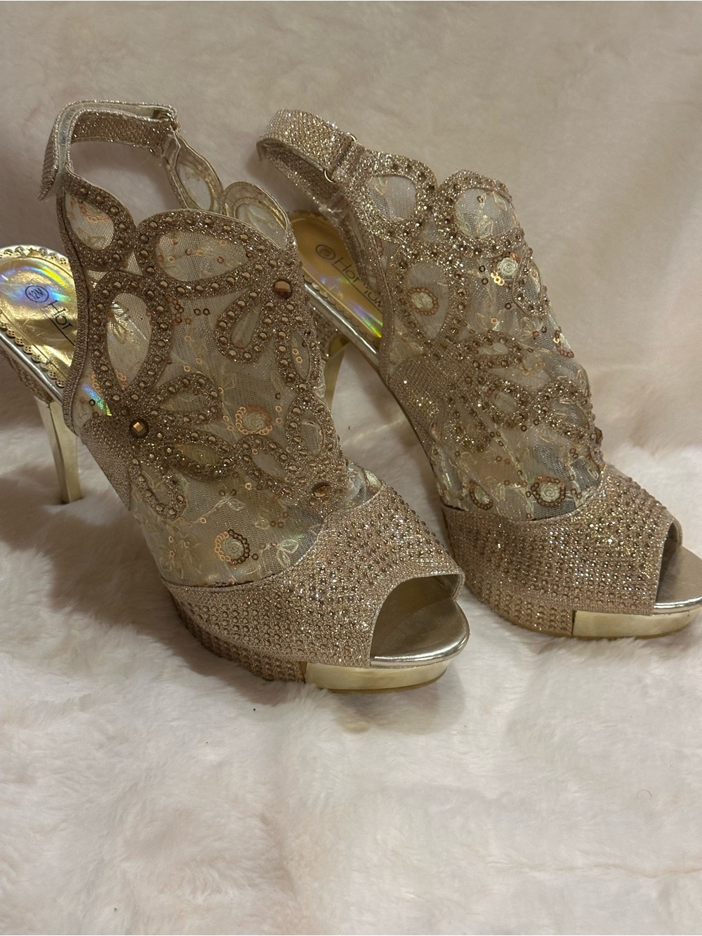 Hot Tomato Gold Sequin Mesh Peep-Toe Heels